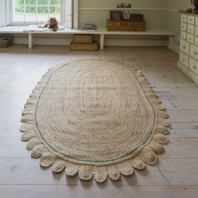 Oval Jute Rug with Scalloped Edge &amp; Green Stripe
