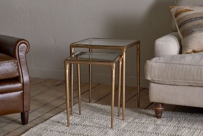 Cast Metal &amp; Glass Nesting Tables/Antique Brass/Set of Two