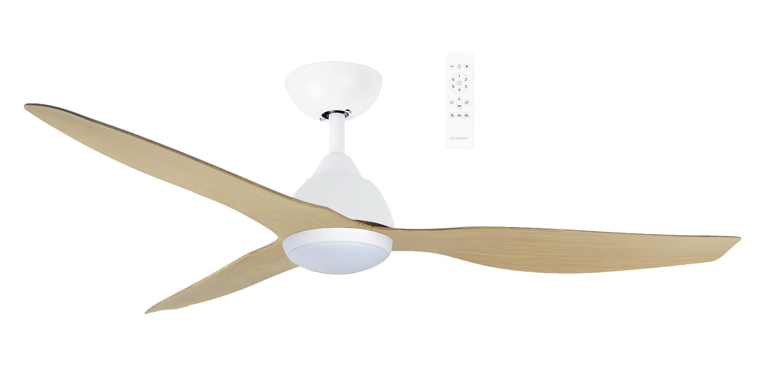 Avoca DC 3 Blade Ceiling Fan with 20W CCT LED Light and  Wi-Fi, Size: 52" (132cm), Colour: Matt White/Oak