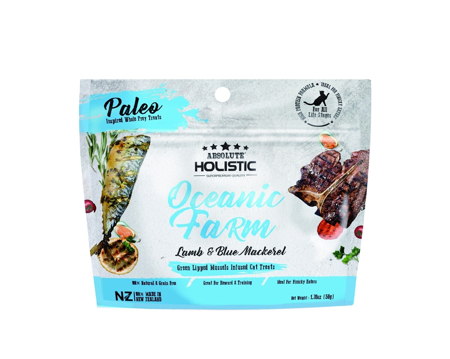 Absolute Holistic Air Dried Cat Treats Oceanic Farm Blue Mackerel &amp; Lamb 50gm