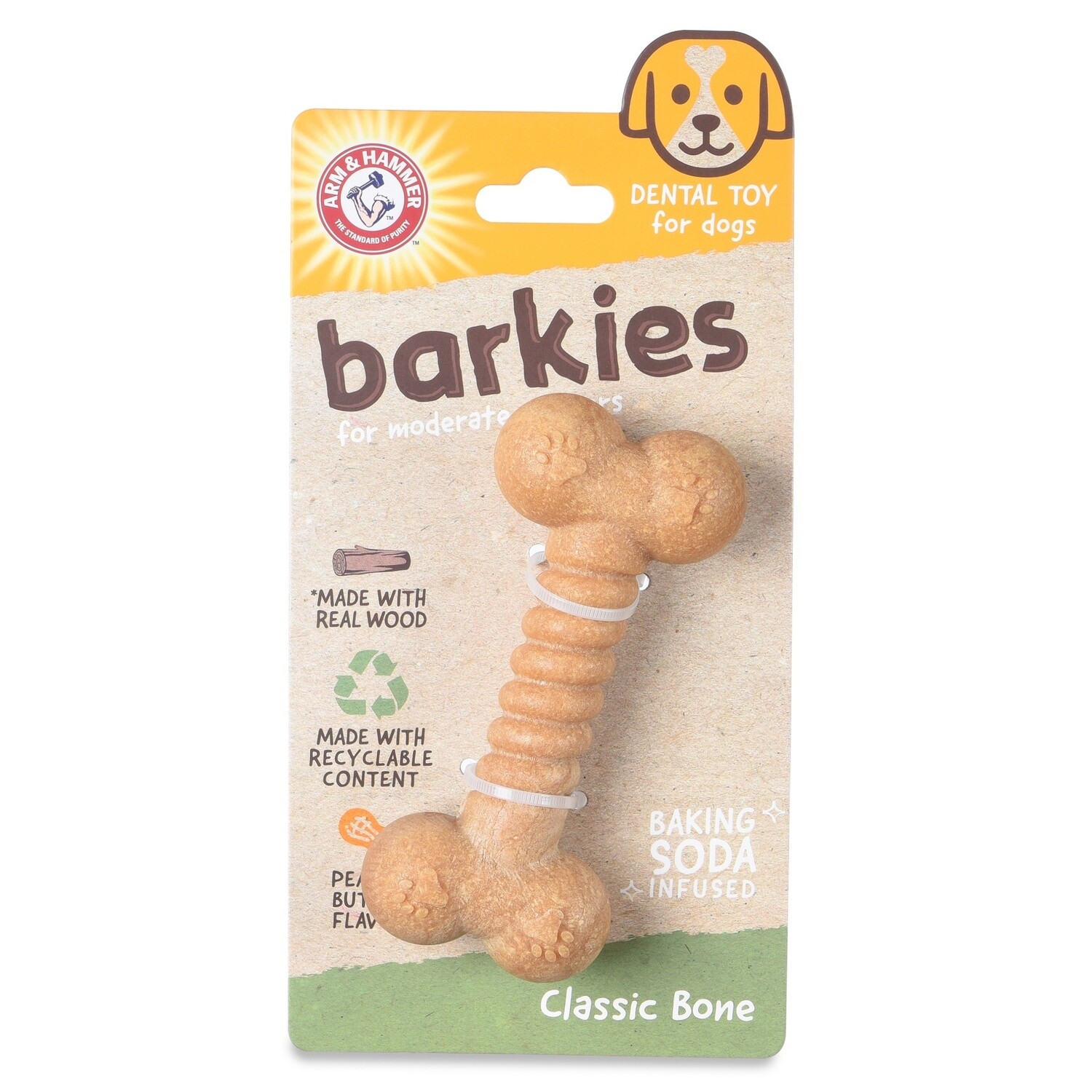 Arm &amp; Hammer Barkies PP+Pine Saw Dust Classic Bone Dog Toy Peanut Butter Flavor 5&quot;