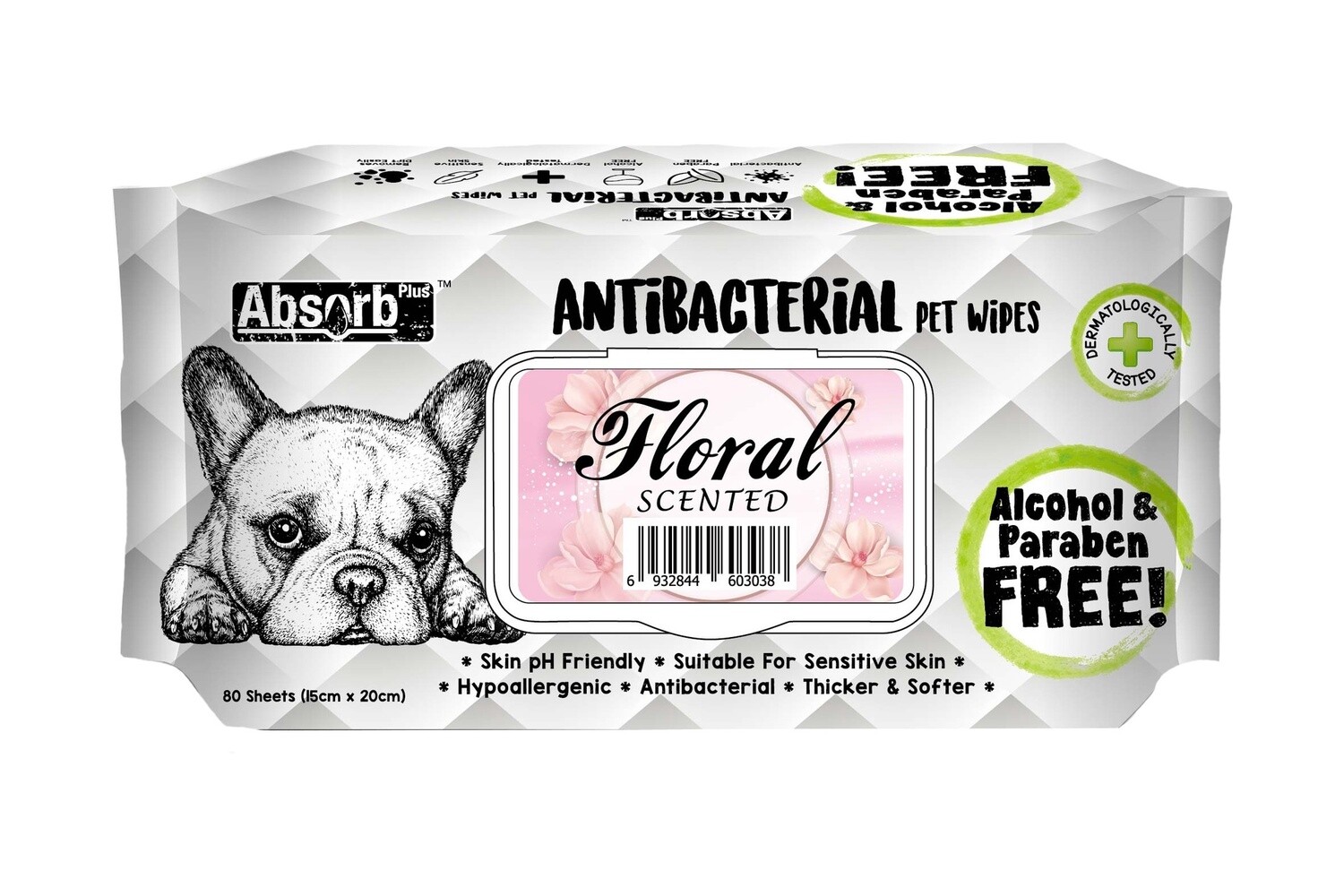 Absorb Plus Antibacterial Dog Wipes Floral 80 sheets 20 x 15cm