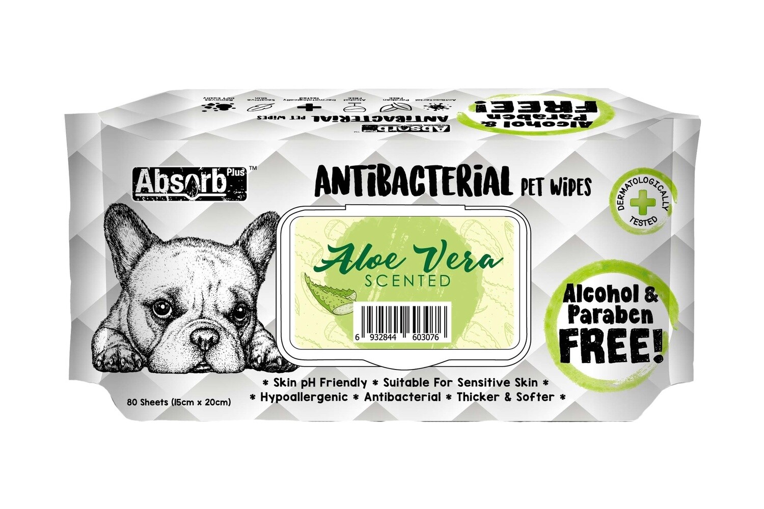 Absorb Plus Antibacterial Dog Wipes Aloe Vera 80 sheets 20 x 15cm