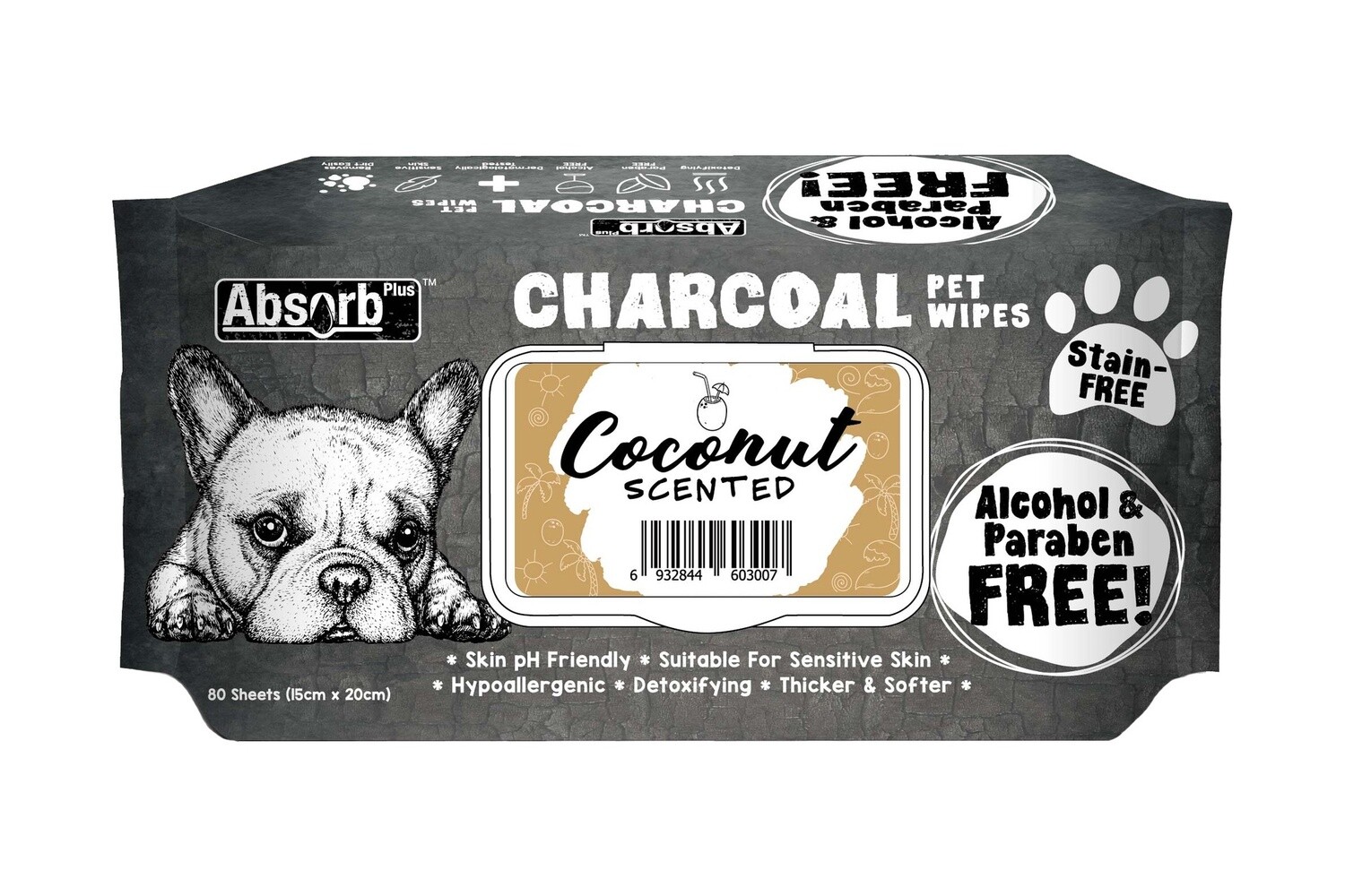 Absorb Plus Charcoal Dog Wipes Coconut 80 sheets 20 x 15cm