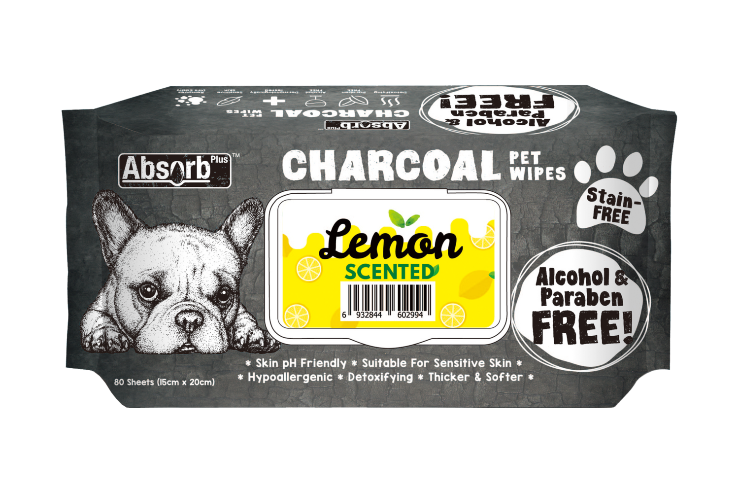 Absorb Plus Charcoal Dog Wipes Lemon 80 sheets 20 x 15cm