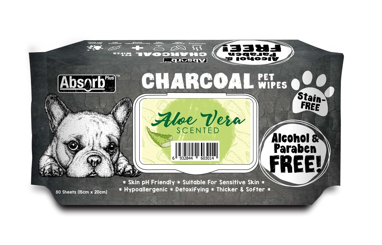 Absorb Plus Charcoal Dog Wipes Aloe Vera 80 sheets 20 x15cm