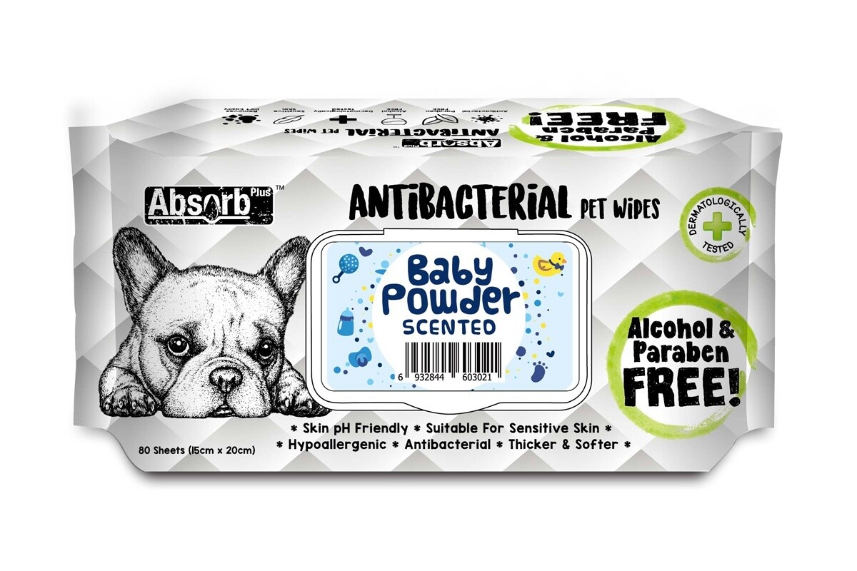 Absorb Plus Antibacterial Dog Wipes Baby Powder 80 sheets 20 x 15cm
