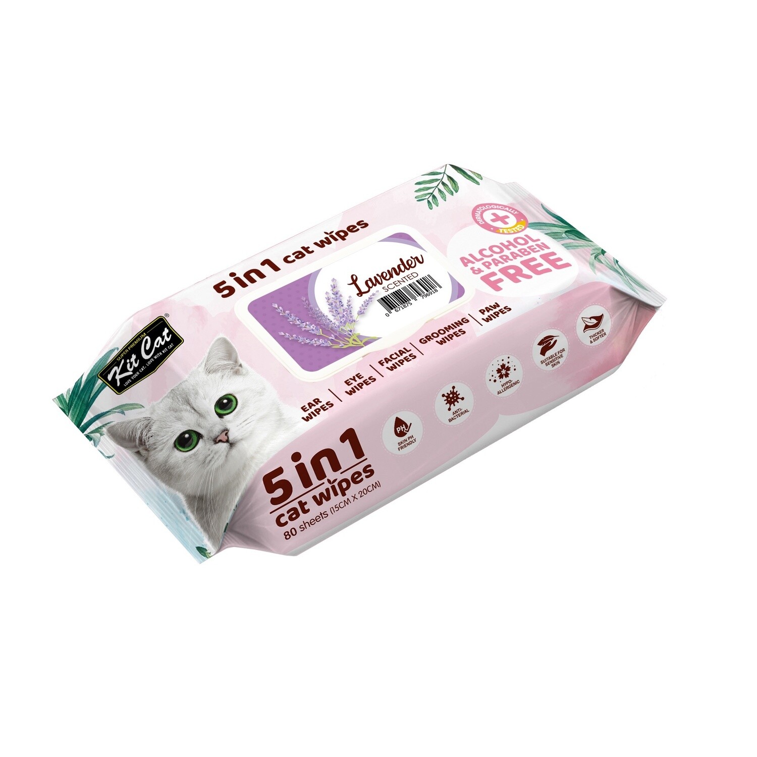 Kit Cat Anti Bacterial Wipes for Cats  Lavender 80 Sheets 20 x15cm