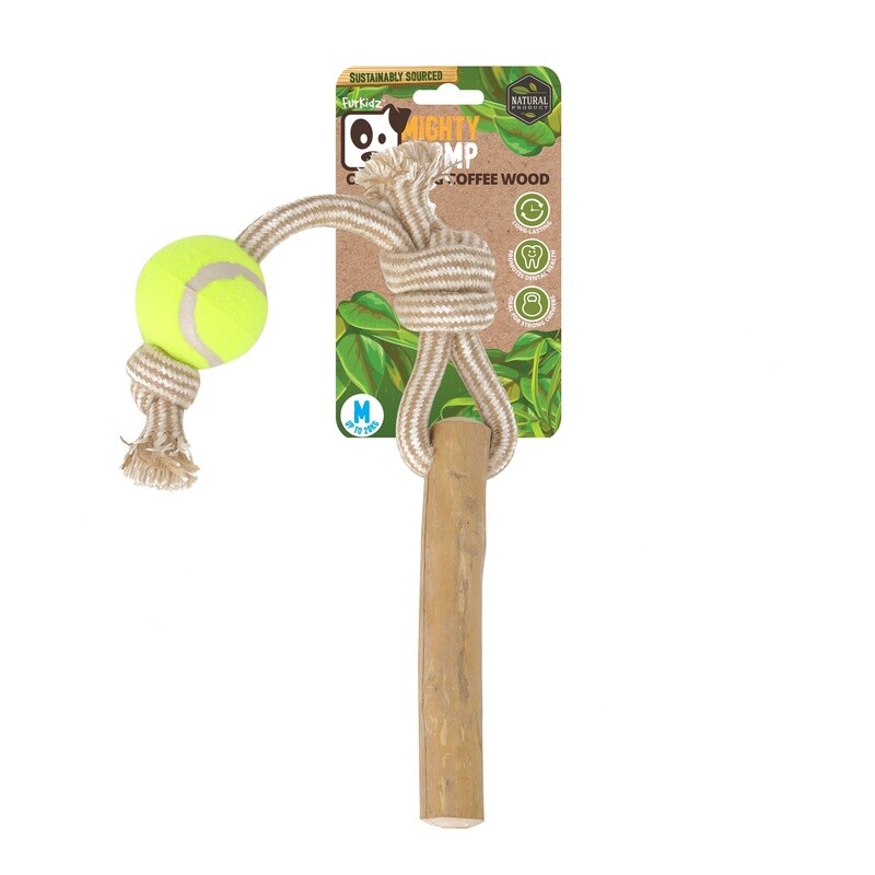 Mighty Chomp Coffee Wood Rope Tugg  With Tennis Balls Medium