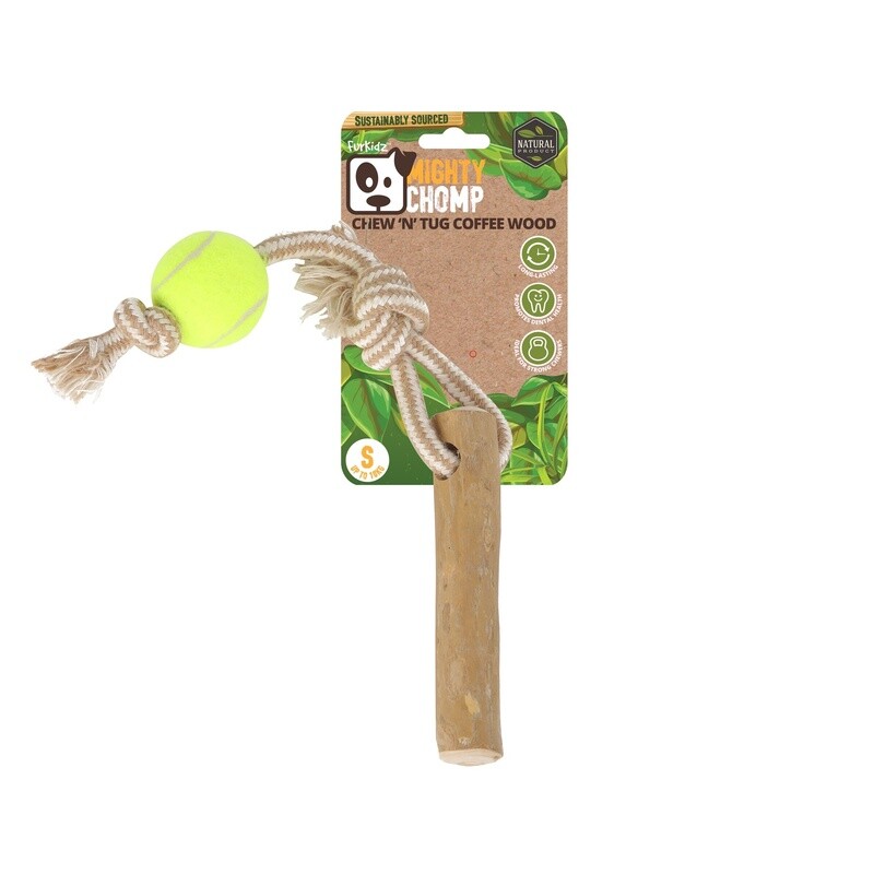 Mighty Chomp Coffee Wood Rope Tugg With Tennis Balls Small