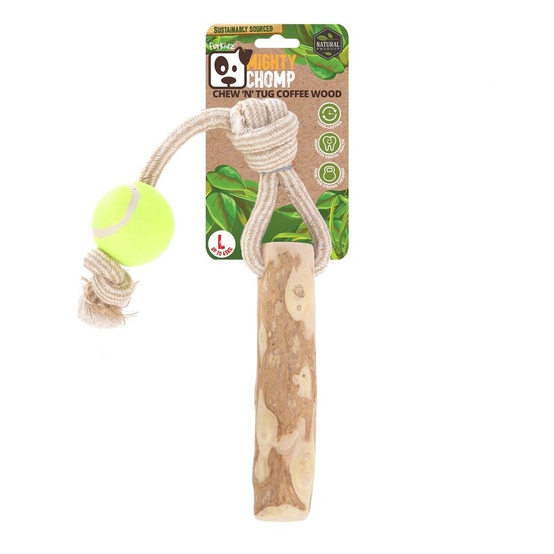 Mighty Chomp Coffee Wood Rope Tugg With Tennis Balls Dog Toy Large