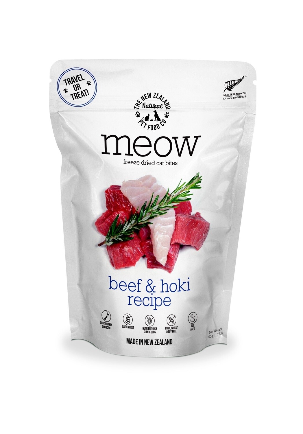 Meow Freeze Dried Cat Food Beef &amp; Hoki Fish 50gm