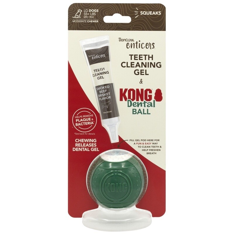 TropiClean Enticers Kong Dental Ball &amp; Smoked Beef Brisket Gel Large