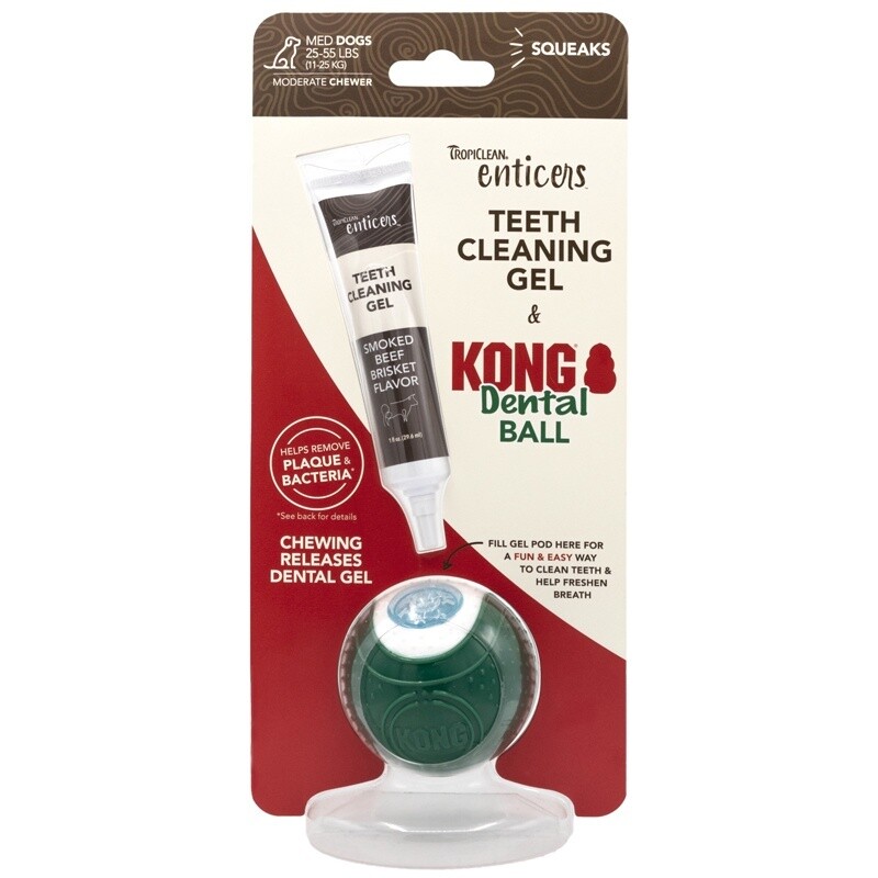 TropiClean Enticers Kong Dental Ball &amp; Smoked Beef Brisket Gel Medium