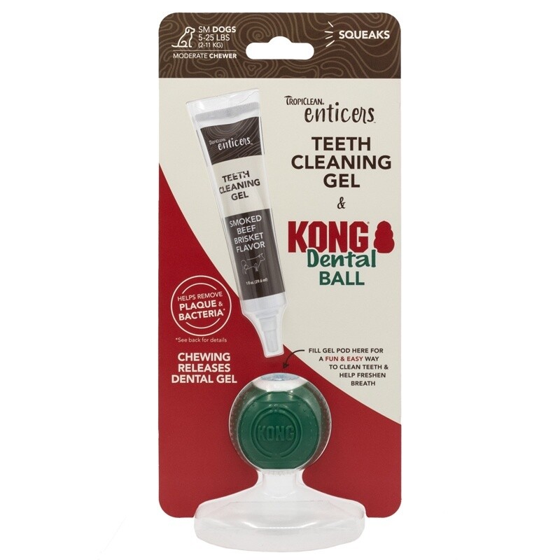 TropiClean Enticers Kong Dental Ball &amp; Smoked Beef Brisket Gel Small