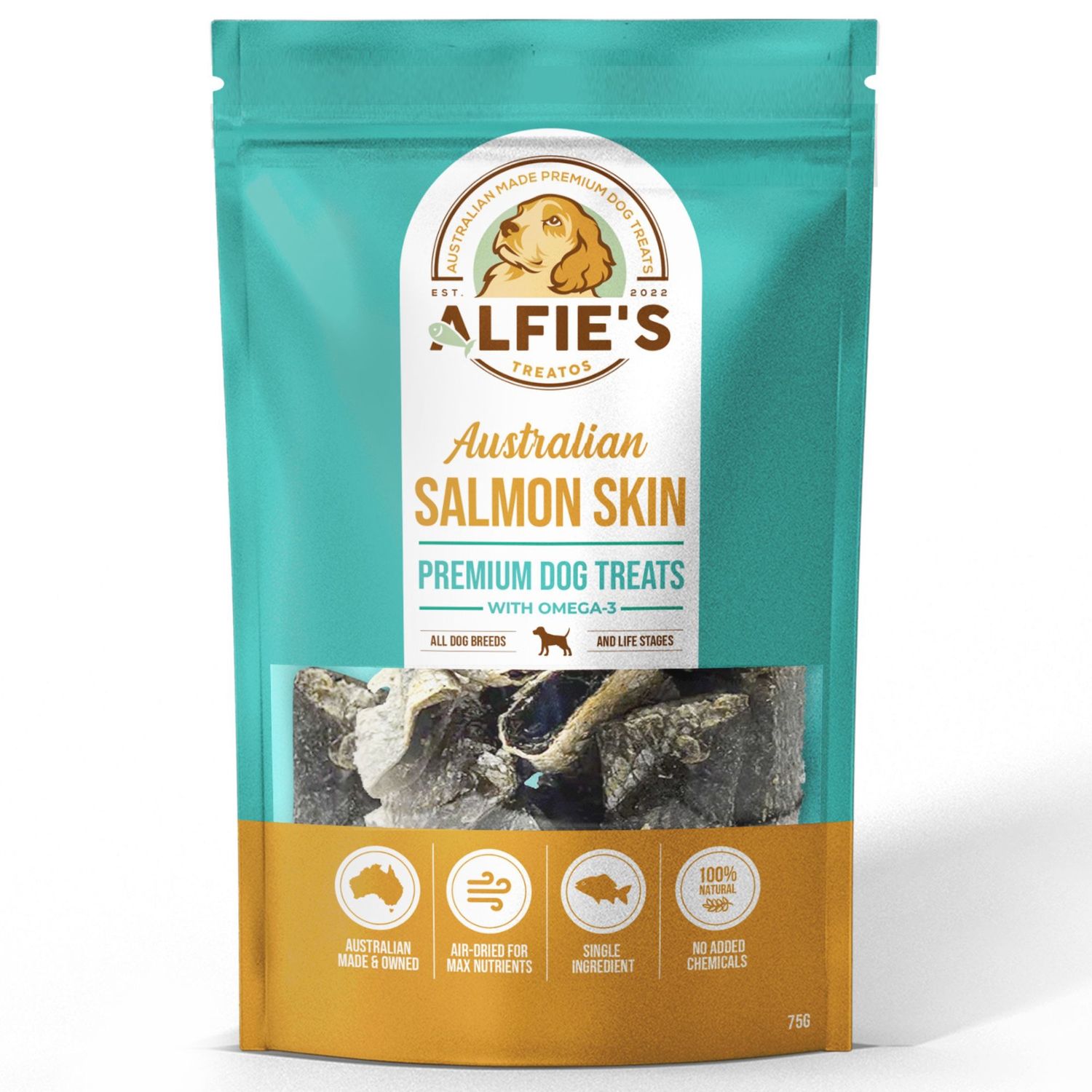 Alfie&#39;s Treatos Super Crunchy Salmon Skin Dog Treats 75g