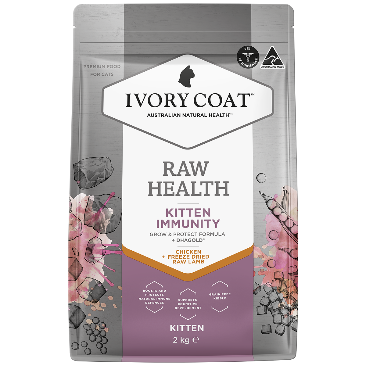 Ivory Coat Raw Health Kitten Dry Cat Food Immunity Support 2kg Grain Free