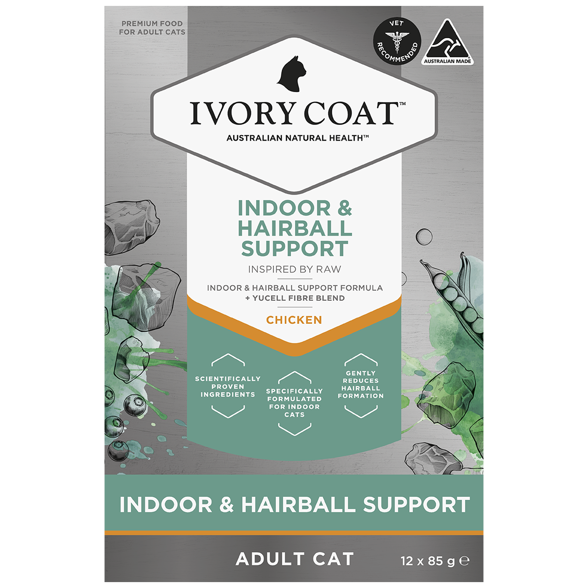 Ivory Coat Inspired by Raw Wet Cat Food Indoor &amp; Hairball Control 12 x 85g – Grain Free
