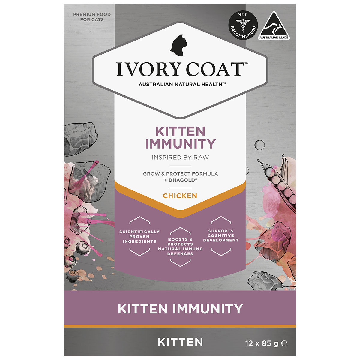 Ivory Coat Inspired by Raw Wet Kitten Food Immunity Support 12 x 85g Grain Free