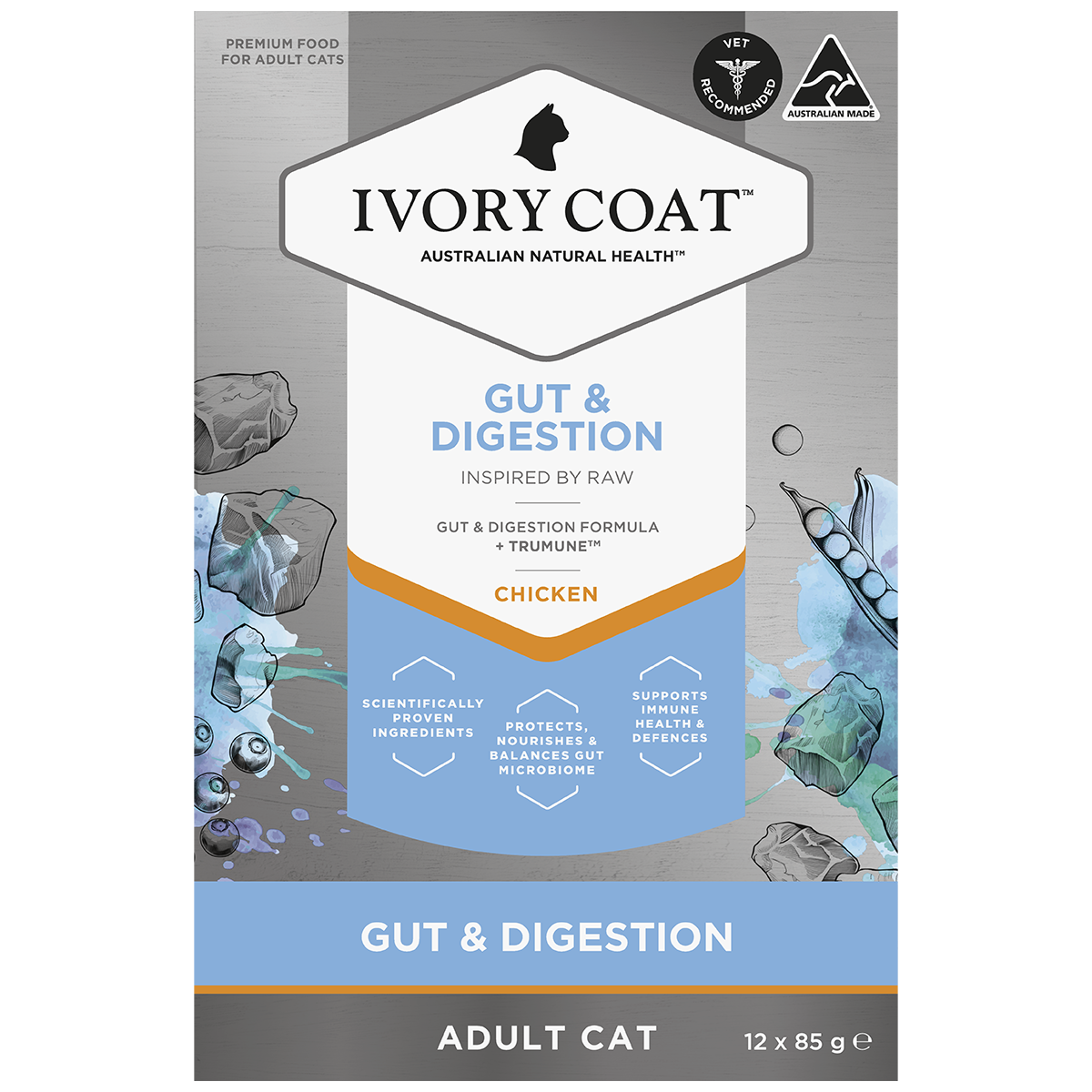 Ivory Coat Inspired by Raw Wet Cat Food Gut &amp; Digestion Health 12 x 85g Grain Free