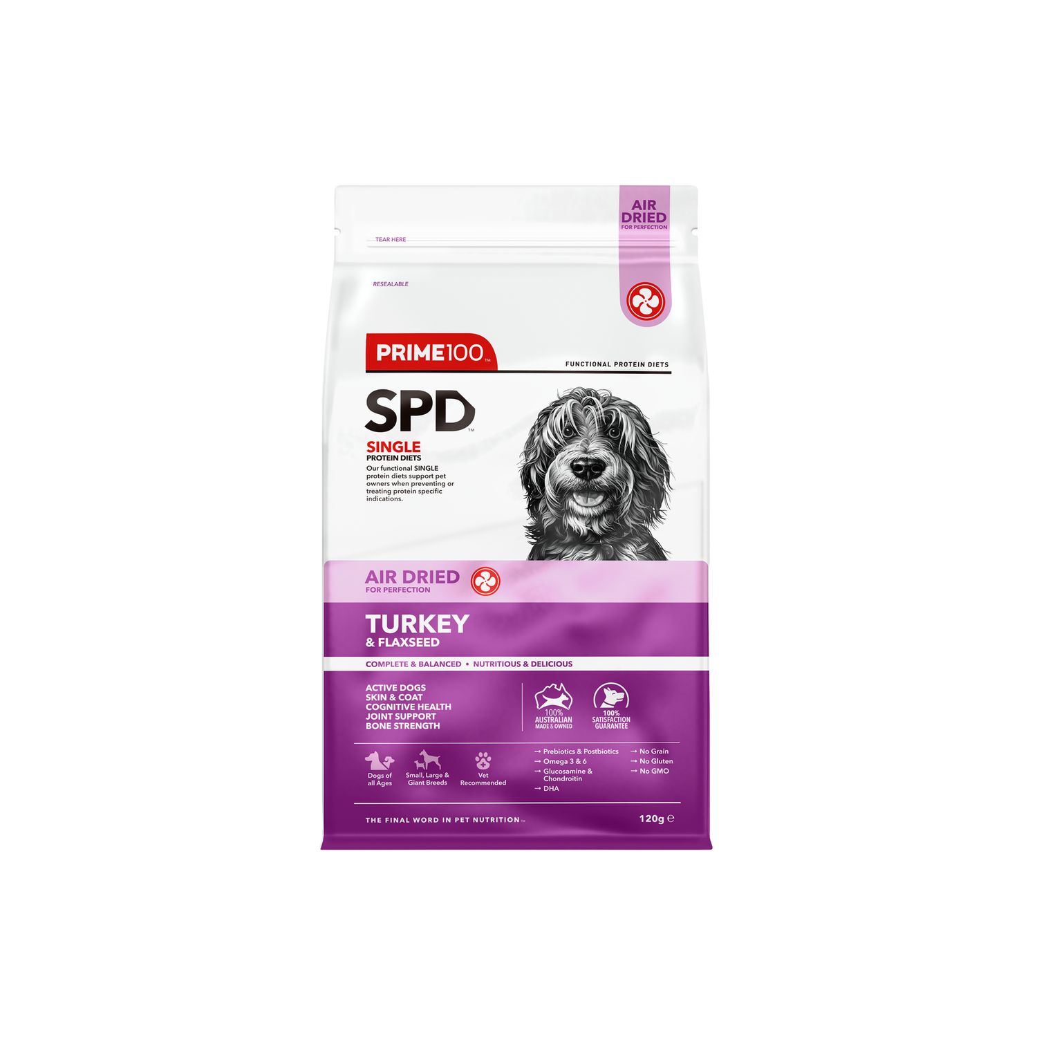 Prime 100 Spd Turkey &amp; Flaxseed Air Dried Dog Food 120G