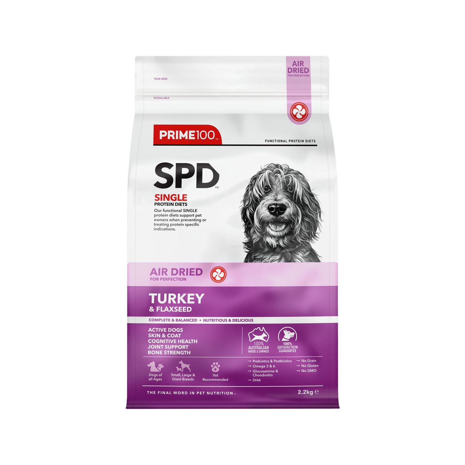 Prime 100 Spd Turkey &amp; Flaxseed Air Dried Dog Food 2.2Kg