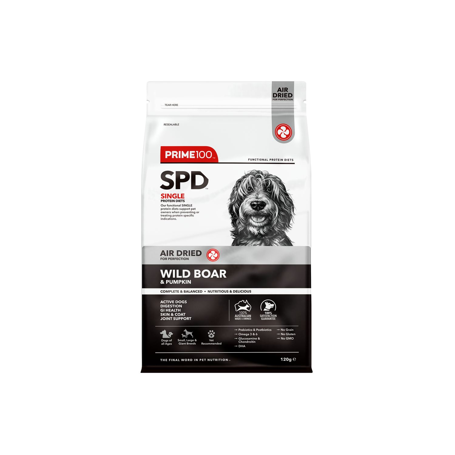 Prime 100 Spd Wild Boar &amp; Pumpkin Air Dried Dog Food 120G