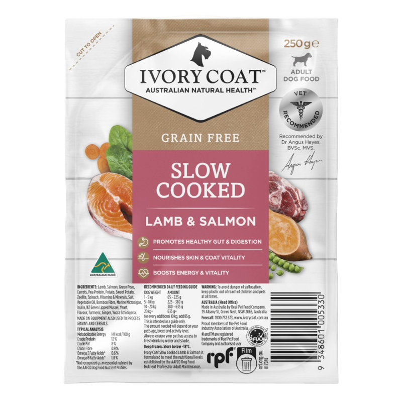Ivory Coat Slow Cooked Lamb &amp; Salmon Meal Frozen Dog Food Grain Free 250g