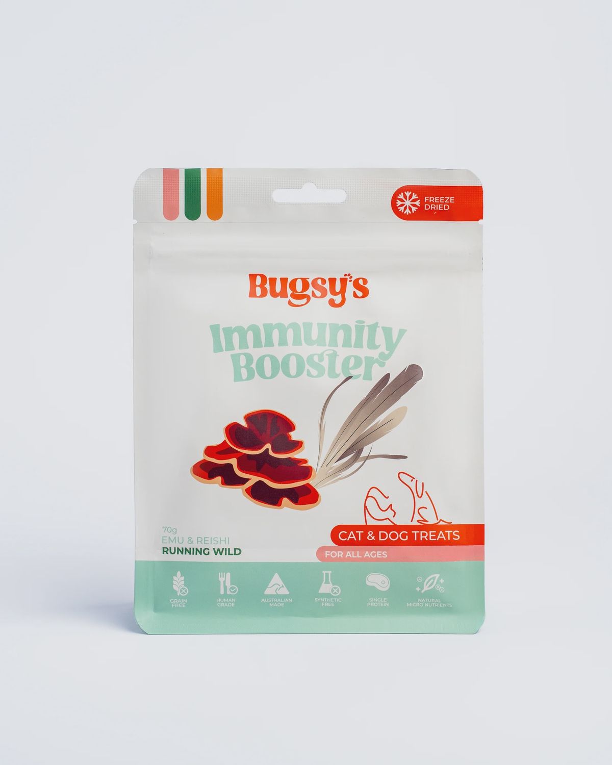 Bugsy Freeze Dried Running Wild Immunity Booster Emu &amp; Reishi  Dog Treats 70g
