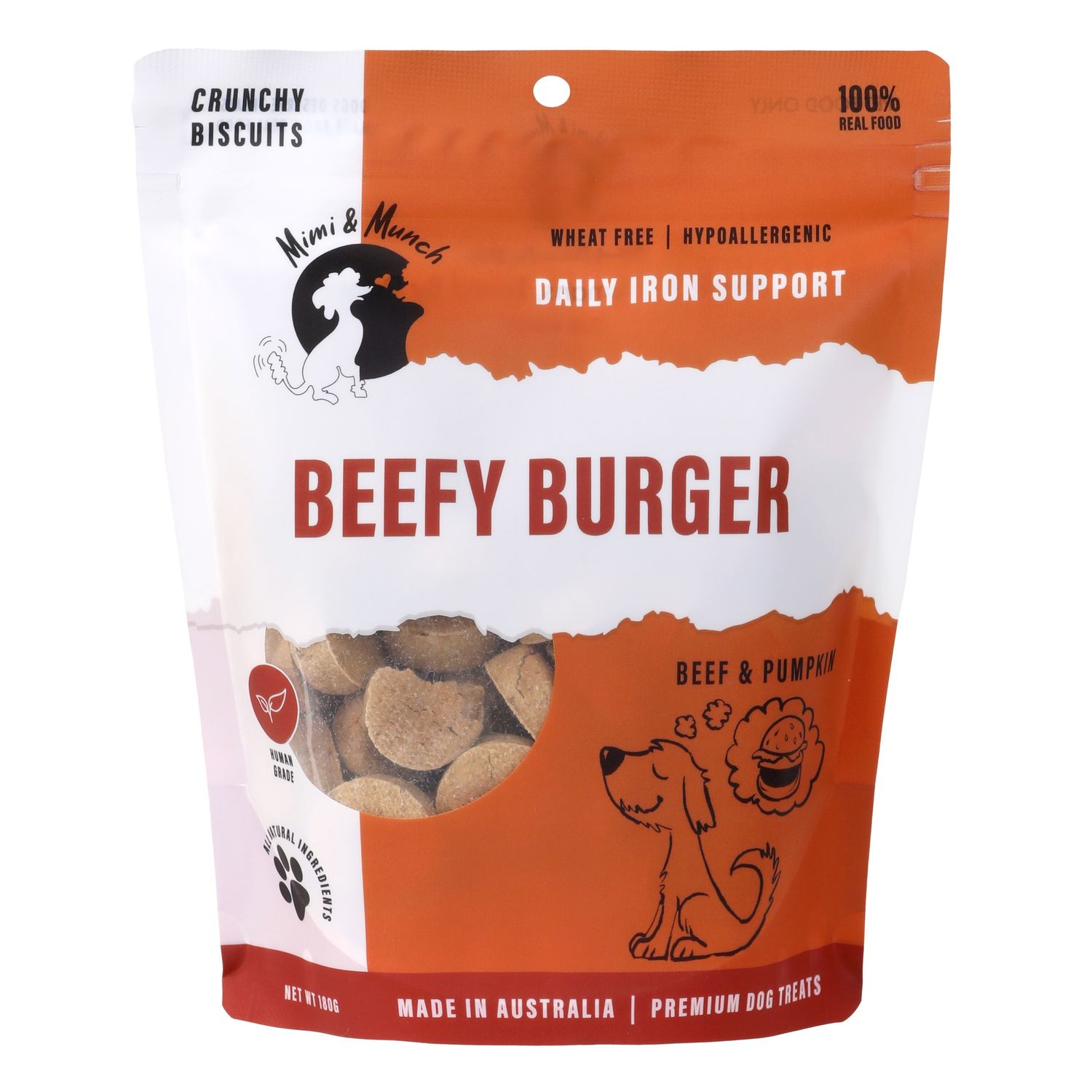 Mimi &amp; Munch Beefy Burger Mini - Natural, Wheat-Free Dog Treats - 180g