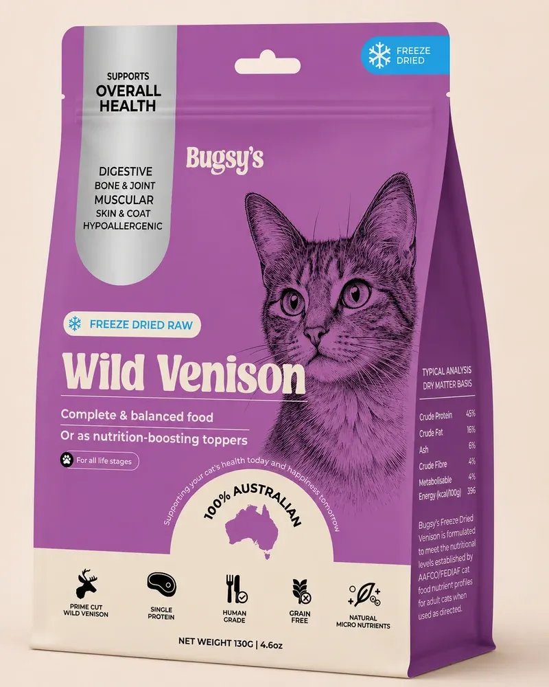 Bugsy Freeze-Dried Venison Cat Food 130g | Complete &amp; Balanced