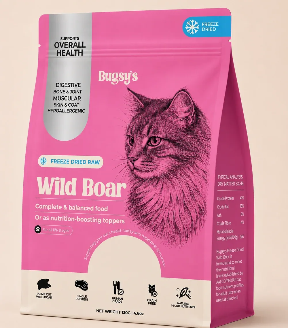 Bugsy Freeze-Dried Wild Boar Cat Food 130g | Complete &amp; Balanced