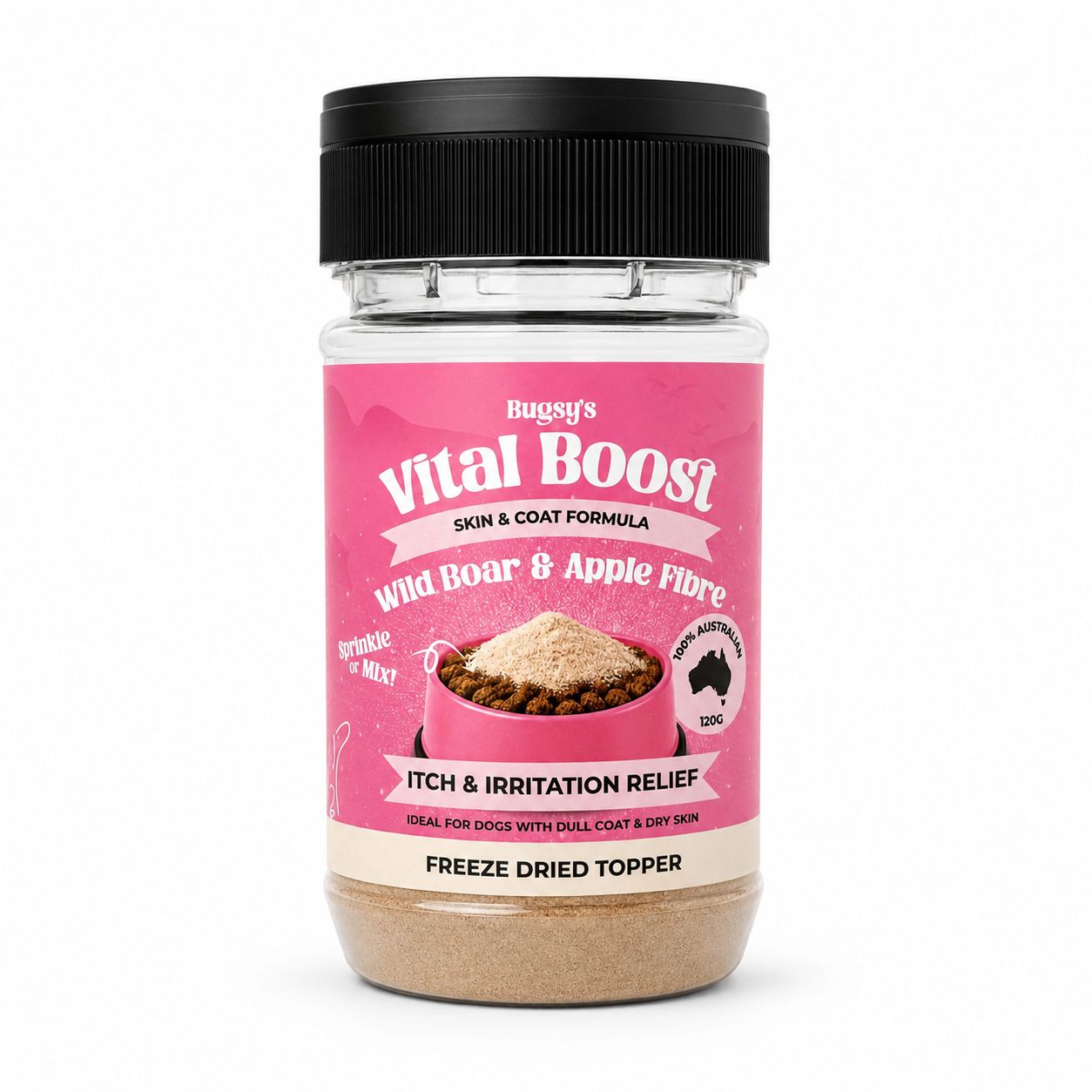 Bugsy Vital Boost Skin &amp; Coat Wild Boar &amp; Apple Fibre 120g | Dog Meal Topper
