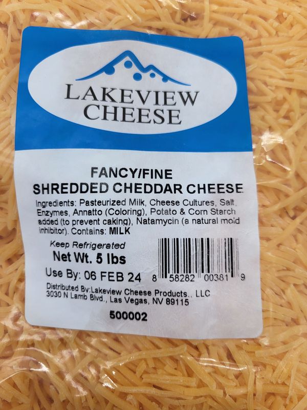 Lakeview cheese 
Mild cheddar shredded fine
5 pond bag