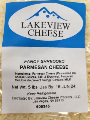 Lakeview cheese 
Parmesan cheese
5 pound shredded 
Fine shred
