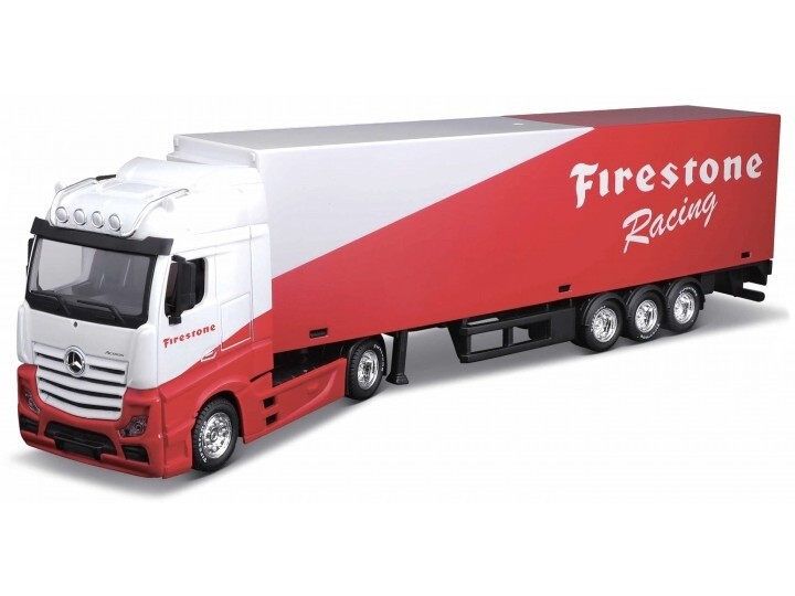BBURAGO Mercedes Benz ACTROS GIGASPACE &#39;FIRESTONE RACING&#39; - STREET FIRE HAULERS WITH TRAILER