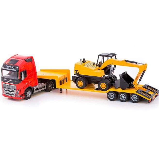 Emek 33755 Volvo FH16 6x4 rood met 3-assige dieplader en lännen graafmachine