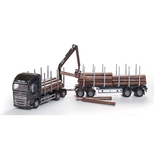 Emek 70303 Volvo FH16 6x4 zwart met dolly en 2-assige houttransportaanhangwagen