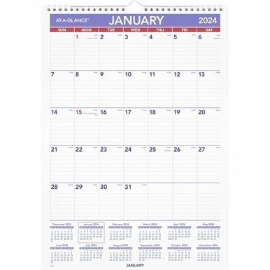 At-A-Glance Ruled Daily Blocks Calendar - Medium Size - Julian Dates - Monthly - 12 Month - January 2024 - December 2024 - 1 Month Single Page Layout - 12" x 17" White Sheet - Wire Bound - White, Blue
