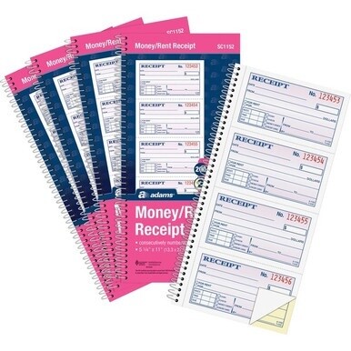 Adams Spiral 2-part Money/Rent Receipt Book - 200 Sheet(s) - Spiral Bound - 2 Part - 11&quot; x 5.25&quot; Form Size - White, Canary - Assorted Sheet(s) - 5 / Pack