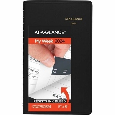 At-A-Glance Appointment Book Planner - Weekly - 1 Year - January 2024 - December 2024 - 8:00 AM to 5:00 PM - Hourly - 1 Week Double Page Layout - 4 7/8&quot; x 8&quot; Sheet Size - Black - Faux Leather - Pocket