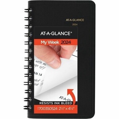 At-A-Glance 2024 Weekly Planner, Black, Pocket, 2 1/2&quot; x 4 1/2&quot; - Weekly - 1 Year - January 2024 - December 2024 - 1 Week Double Page Layout - 2 1/2&quot; x 4 1/2&quot; Sheet Size - Wire Bound - Black - Simulat