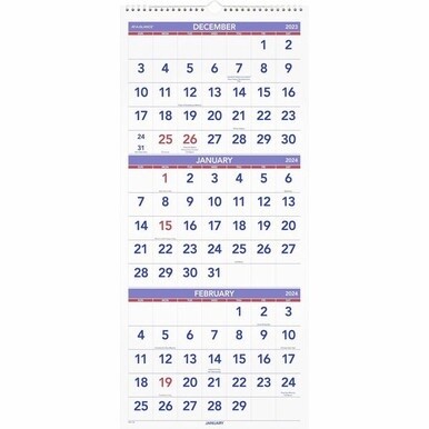 At-A-Glance 3-Month Reference Vertical Wall Calendar - Large Size - Monthly - 14 Month - December 2023 - January 2025 - 3 Month Single Page Layout - 12&quot; x 27&quot; White Sheet - Wire Bound - White - Paper,