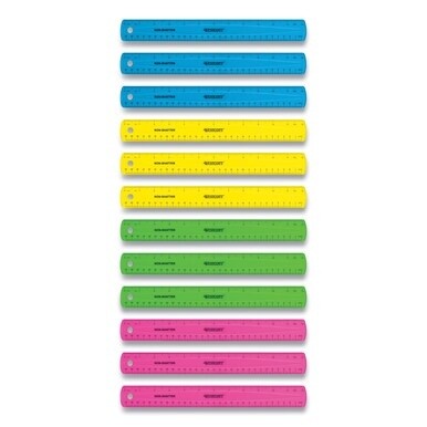 Non-Shatter Flexible Ruler, Standard/Metric, 12&quot; (30 cm) Long, Plastic, Assorted Translucent Colors, 12/Box