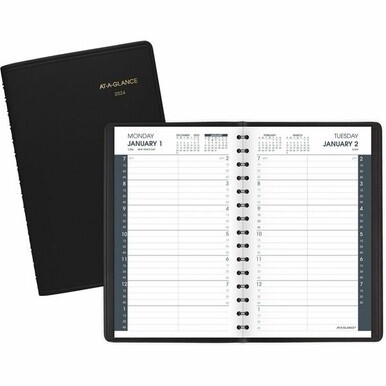 At-A-Glance Daily Appointment Book - Small Size - Julian Dates - Daily - January 2024 - December 2024 - 7:00 AM to 7:45 PM - Quarter-hourly - 1 Day Single Page Layout - 5&quot; x 8&quot; White Sheet - Wire Boun