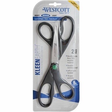Westcott KleenEarth Hard Handle Scissors - 8&quot; Overall Length - Straight-left/right - Stainless Steel - Black - 2 / Pack