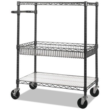 Three-Tier Wire Cart with Basket, Metal, 2 Shelves, 1 Bin, 500 lb Capacity, 34&quot; x 18&quot; x 40&quot;, Black Anthracite