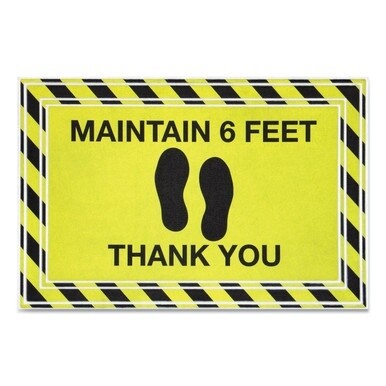 Message Floor Mats, 24 x 36, Black/Yellow, &quot;Maintain 6 Feet Thank You&quot;