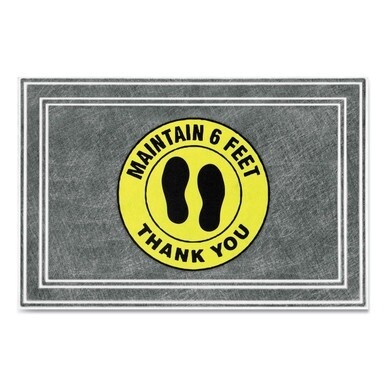 Message Floor Mats, 24 x 36, Charcoal/Yellow, &quot;Maintain 6 Feet Thank You&quot;