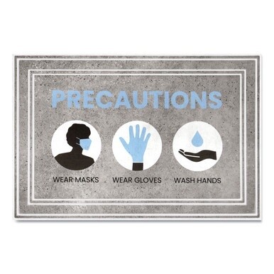 Message Floor Mats, 24 x 36, Gray/Blue, &quot;Precautions Wear Masks Wear Gloves Wash Hands&quot;